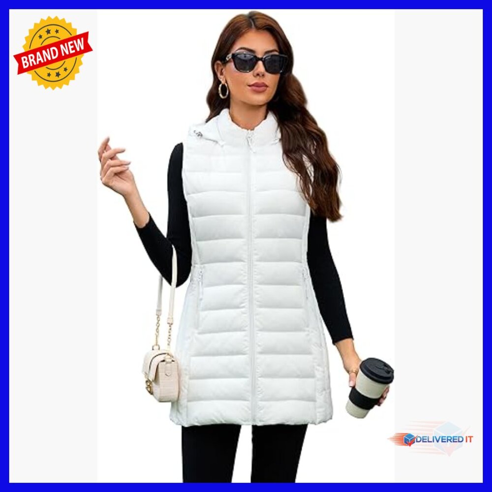 Lightweight Packable Puffer Vest with Detachable Hood, Sleeveless, Long Length